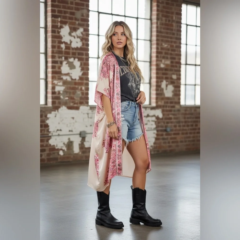 NWT UMGEE Floral Print Boho Silky Kimono Duster Coverup Cream - Picture 4 of 6